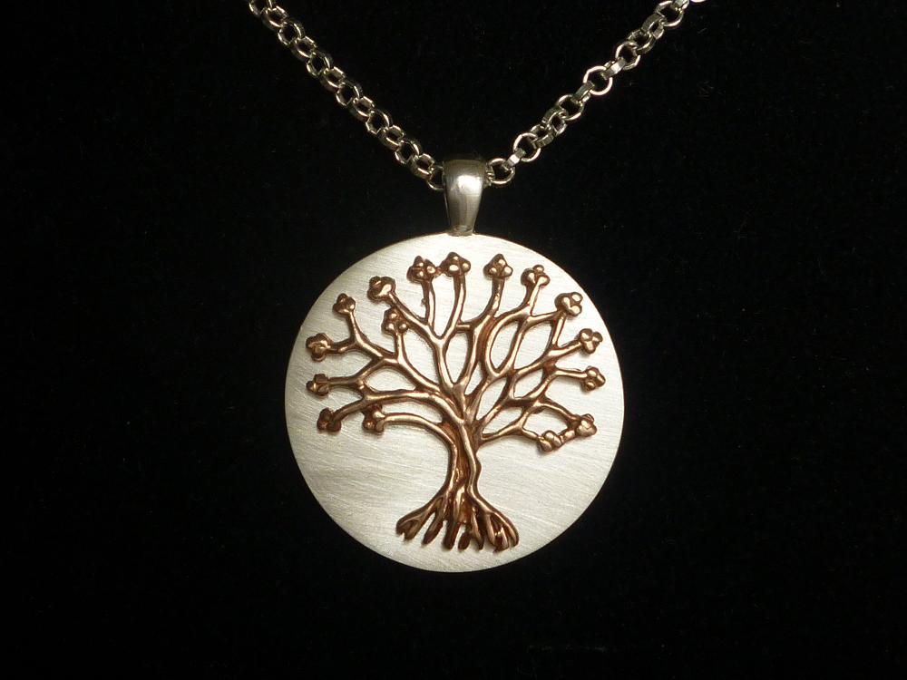 ROSE GOLD FINISHED 'TREE OF LIFE' ON A SATIN SILVER DISC localhost/grsjewelelNECKLACE